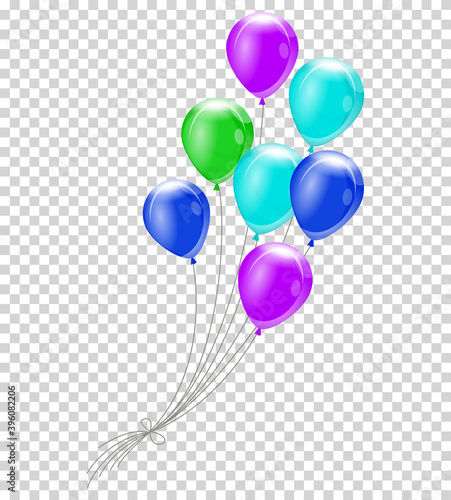 Helium balloons. Bunch or group of colorful helium balloons isolated on transparent background. Party realistic flying balloon set. Vector cololor design element photo