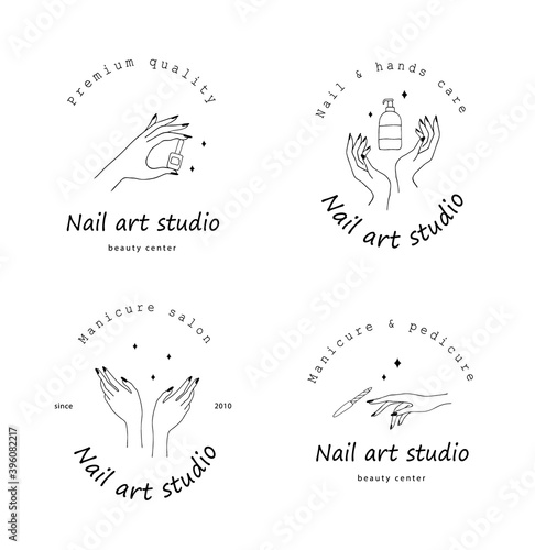 Nail art studio logo set. Modern design for beauty center, spa salon, manicure and pedicure bar. Linear vector illustration.