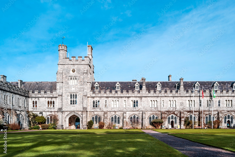 Front view of the Long Hall and Clock Tower of University College Cork, Ireland.