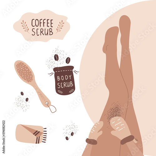 Coffee scrub concept. Woman exfoliating legs with massage gloves. Home body care. Bath time. Vector illustration in cartoon style.