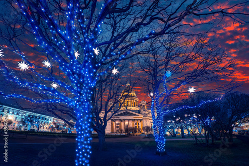 Saint Isaac's Cathedral in Saint Petersburg. Christmas in Russia. Isaac's Square in winter evening. Winter in Russian Federation. Saint Petersburg on Christmas evening. New Year tour to Russia