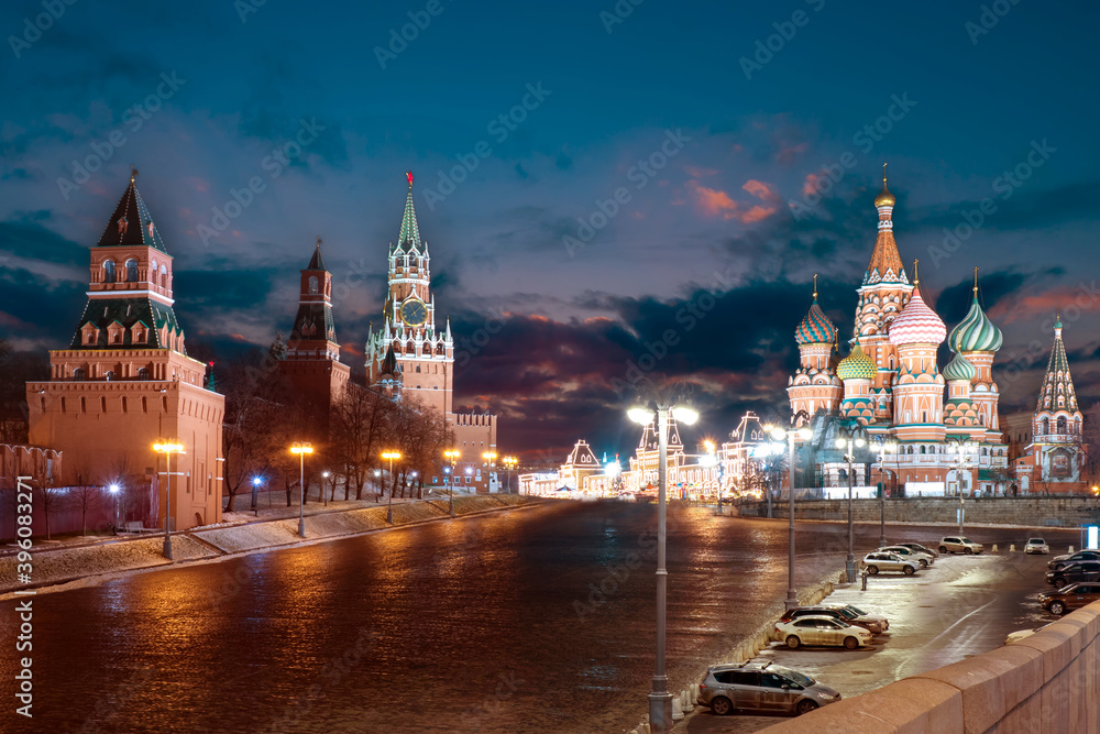 Red Square in Moscow. Sights of Moscow. St. Basil's Cathedral near Kremlin. Moscow in the winter evening. Snow on the red square. Winter in Russian Federation. Pnorama of Russia at night.