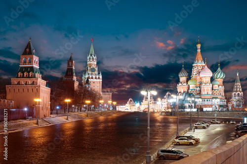 Red Square in Moscow. Sights of Moscow. St. Basil's Cathedral near Kremlin. Moscow in the winter evening. Snow on the red square. Winter in Russian Federation. Pnorama of Russia at night.