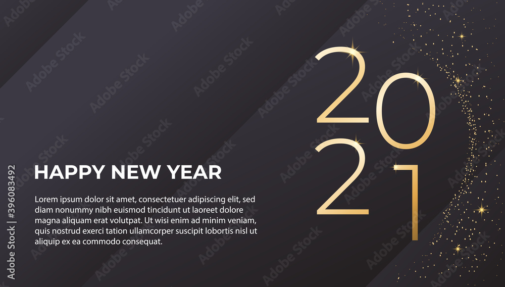 Fototapeta premium Happy new year 2021. Elegant gold text with sparkling light. Minimalist template for background element, calendar, greeting card, or banner. vector typography for 2021 and luxury design