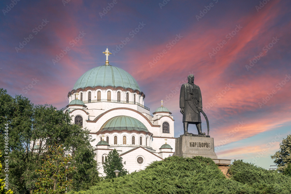 View of bell towers of St. Sava temple of Serbian Orthodox Church on Slavia square in Serbian capital city Belgrade