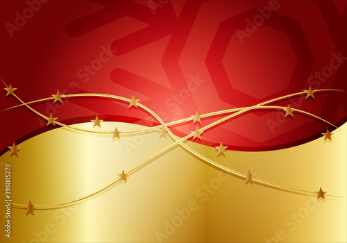 Fondo rojo de navidad con capas y estrellas doradas.