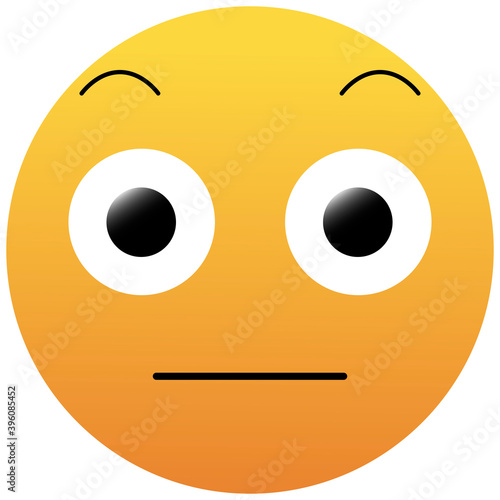High quality emoticon isolated on white background. Flushed face emoji with shocked eyes. Yellow face with raised eyebrows, small, closed mouth, wide white eyes staring ahead.