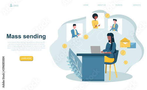 Woman mass sending. Professional femal pr specialist influencing the actions of legislators or members of regulatory agencies. Website, web page, landing page template. Flat vector illustration