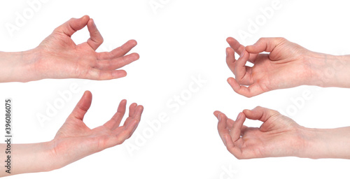 Empty male hand making gesture like holding something isolated on white background. Set of multiple images