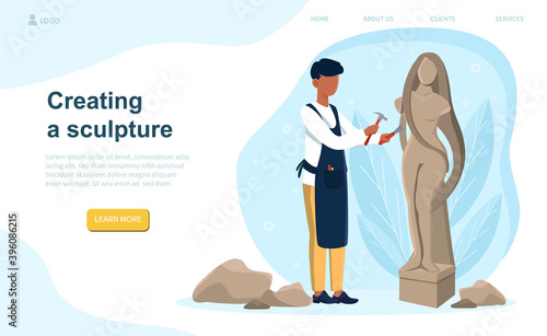 Black professional sculptor. Concept of creating sculpture of marble, wood and clay. Creative artist. Art and hobby. Website, web page, landing page template