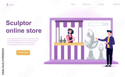 Online store of professional sculptor. Concept of online store that makes easy to order sculpture of the marble, wood, clay. Art, hobby. Website, web page, landing page template. Vector illustration