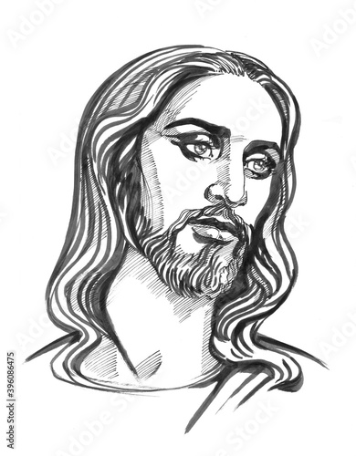 Jesus Christ, graphic portrait. Hand drawing. Watercolor illustration, jpg