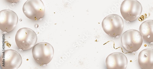 Happy Birthday background. Flat lay horizontal banner with realistic balloons on a white.Top view. Anniversary. Vector.