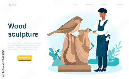 Professional sculptor. Male character is creating sculpture of wood. Creative artist. Art and hobby. Website, web page, landing page template. Flat cartoon vector illustration.
