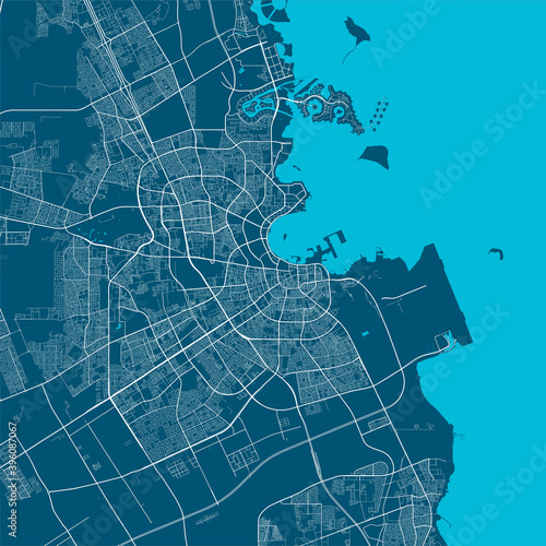 Detailed map of Doha city, linear print map. Cityscape panorama.
