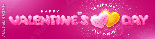 Happy Valentines Day cute lettering. Convex letters with patterns and couple of hearts. Beautiful element for any designs for 14 February.  Pink background. Vector.
