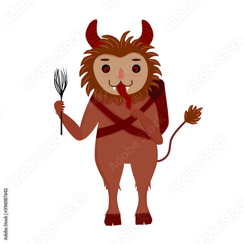Cute Krampus. Traditional Central European folklore character. St. Nicholas day. Little adorable demon with horns. Vector illustration flat clip art isolated on white background for Krampus day.