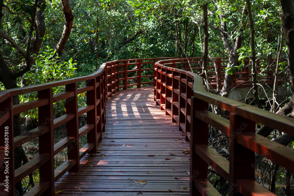 Wooden footpaths in the mangrove forest at Stupa in the middle of river in Rayong.