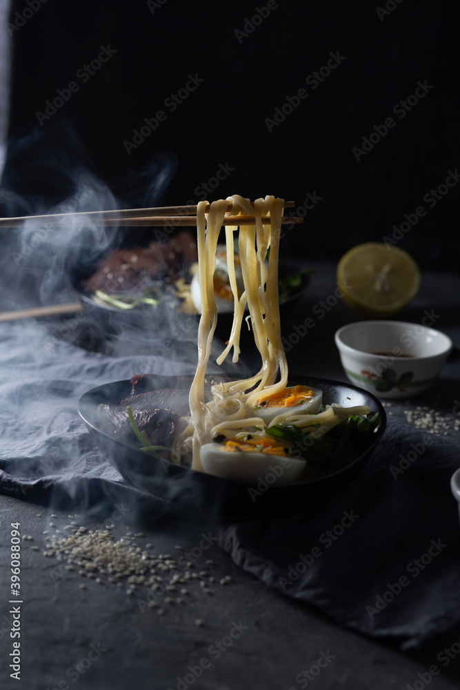 Japanese ramen soup on dark background Japanese ramen soup on dark background