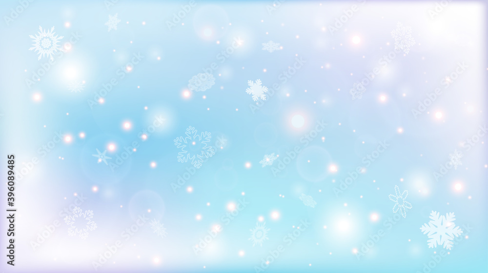 Realistic snow flakes on blue background . Christmas winter holiday falling snow pattern,  greeting card. Eps10