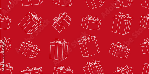 Seamless pattern with linear 3d gift boxes illustrations, red backdrop with white line