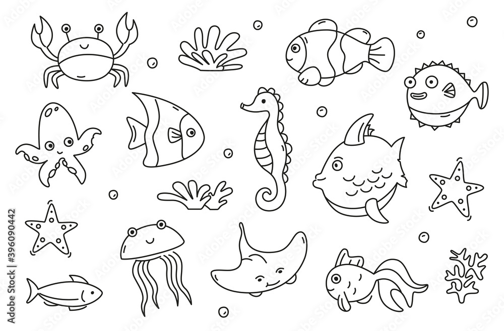 Set of doodle fishes. Collection of outline sea animals.