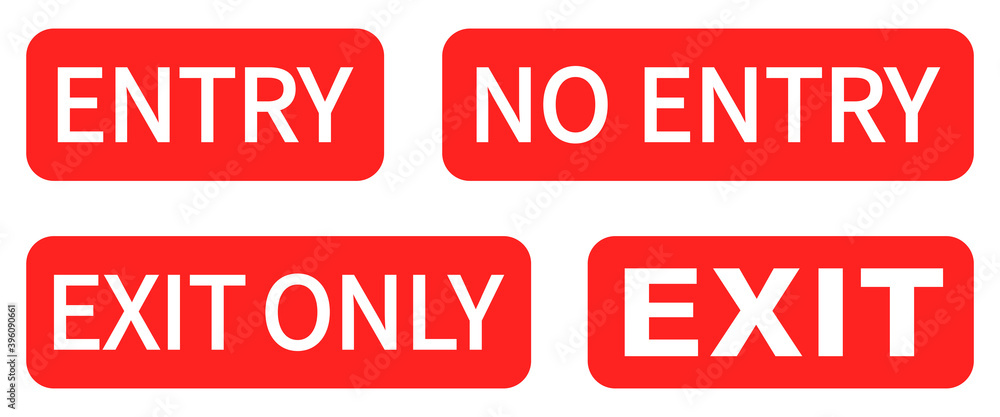 Entry and exit from premises. No entry, exit only red sign. Forbidding signs entry and exit. Vector illustration. Entry and exit from premises. No entry, exit only red sign. Forbidding signs entry and exit. Vector illustration.