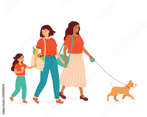 Homosexual female parents with a child and a dog walk holding hands. Happy multiracial gay  family with a daughter spends time together. Transgender, genderqueer couple. Isolated vector illustration 