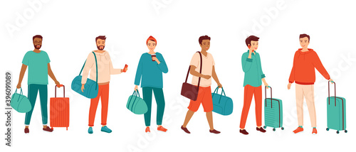 Traveling people, business trip, tourism. Collection of happy young and senior gray haired  women of diverse nationalities standing with suitcases and travel bags. Set of isolated vector illustrations