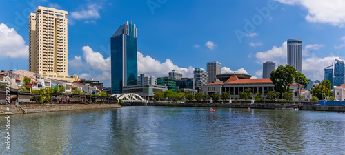 A panorama view from the Singapore River past the Elgin Bridge to the Colonial area in Singapore, Asia