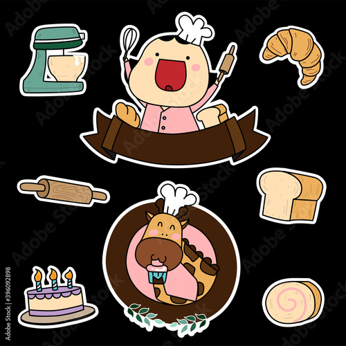 two logos bakery shop and some bakery, cake, jam roll, bread, croissant with rolling pin, dough kneading maching