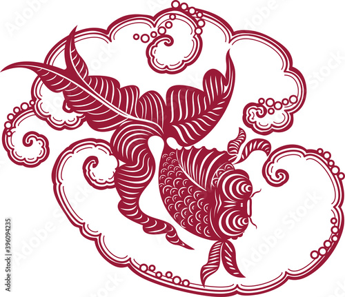 Goldfish in the whirlpool of a mountain river. Simulated traditional Chinese paper cut