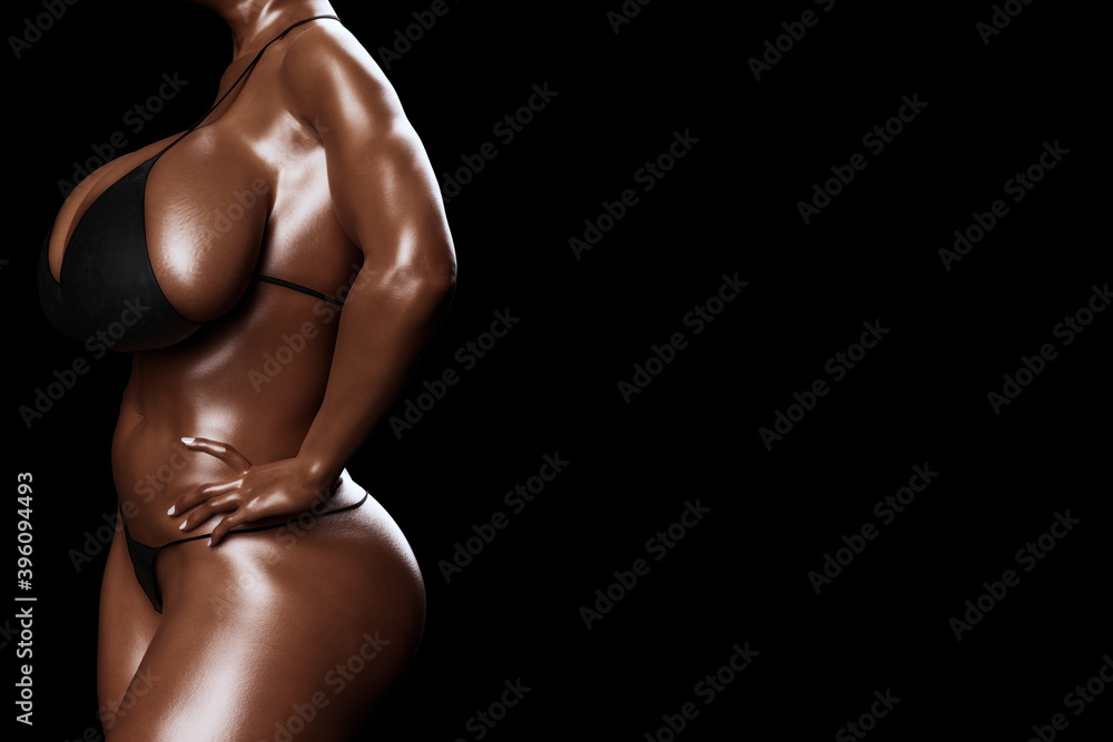 Naklejka premium Sexy young afro american woman with big boobs in a black bikini