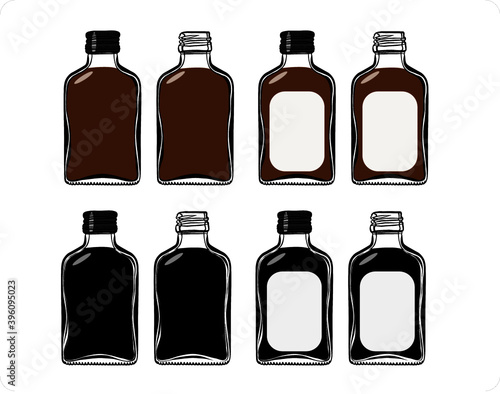 Eight glass cognac mini bottles russian style with a cap and open with blank white labels