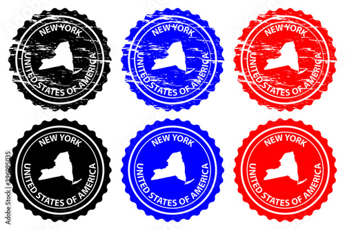 New York - rubber stamp - vector, New York (United States of America) map pattern - sticker - black, blue and red 