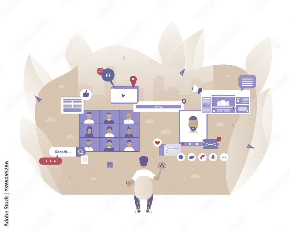 Virtual Reality. Man is using his abstract mobile phone . Vector illustration with Web communication idea for telework, remote working, social media
