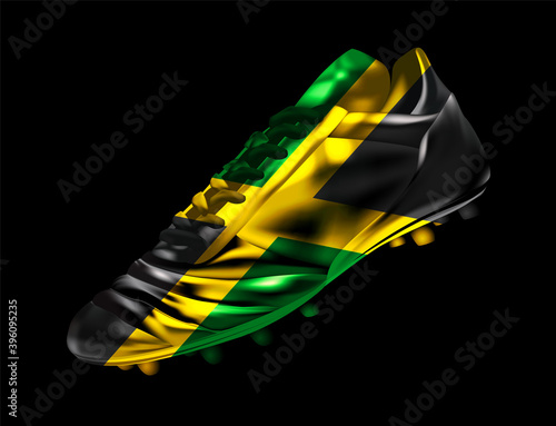 Soccer football boot with the flag of Jamaica printed on it, isolated on dark background, vector illustration 3d, 3 dimension, print, design