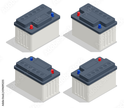 Isometric Car Battery icon Isolated on White Background. Accumulator Battery Energy Power and Electricity Accumulator Battery. Recyclable elements of vehicle battery.