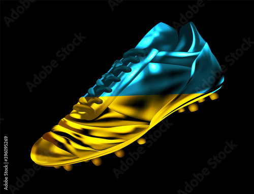 Soccer football boot with the flag of Ukraine printed on it, isolated on dark background, vector illustration 3d, 3 dimension, print, design