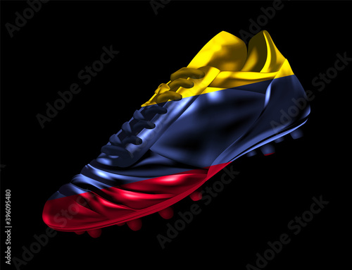 Soccer football boot with the flag of Colombia printed on it, isolated on dark background, vector illustration