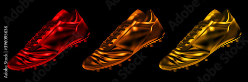 3d soccer football boots in colors set isolated on a black background, vector illustration