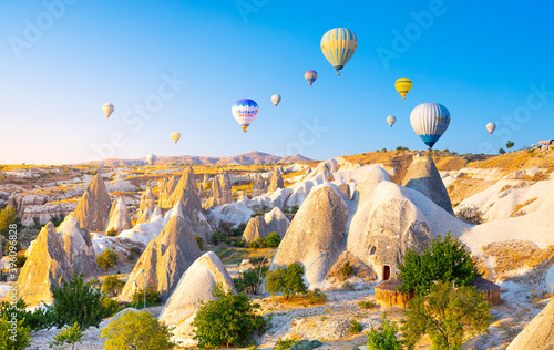 Sunrise view of unusual rocky landscape in Cappadocia, Turkey