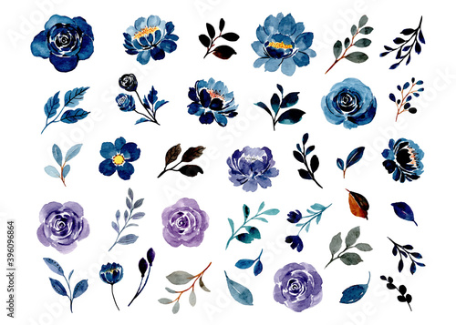 Collection of indigo blue and purple watercolor floral elements