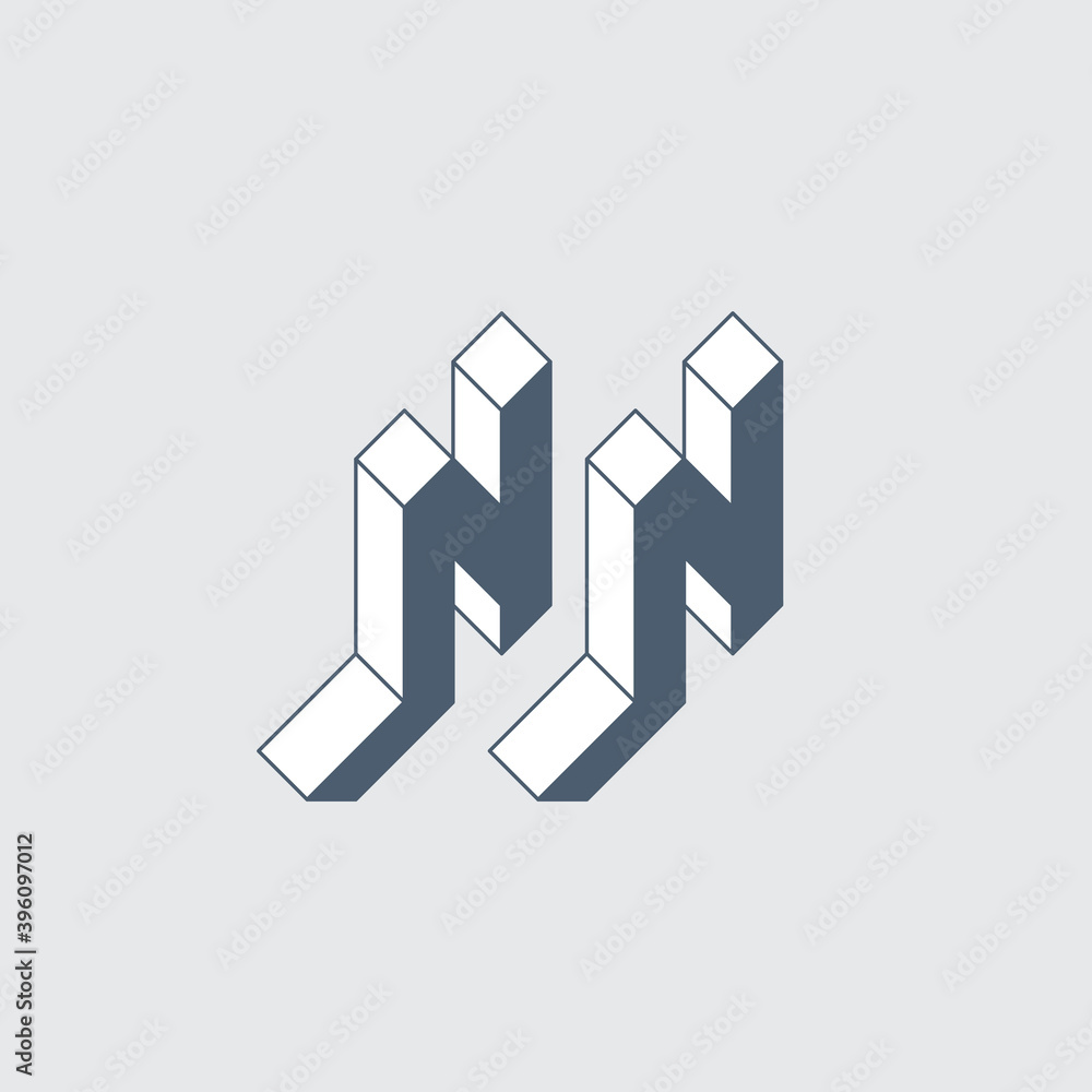 NN - logo or 2-letter code. Isometric 3d font for design. N and N - Monogram or logotype. Three-dimension letters.