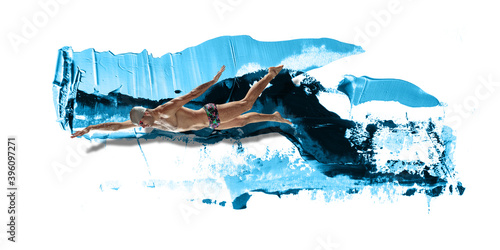 Professional caucasian swimmer moving in paint brushstroke, watercolor. Grace of motion and action. Artwork. Horizontal flyer with blue ocean splashes like water waves on white background with
