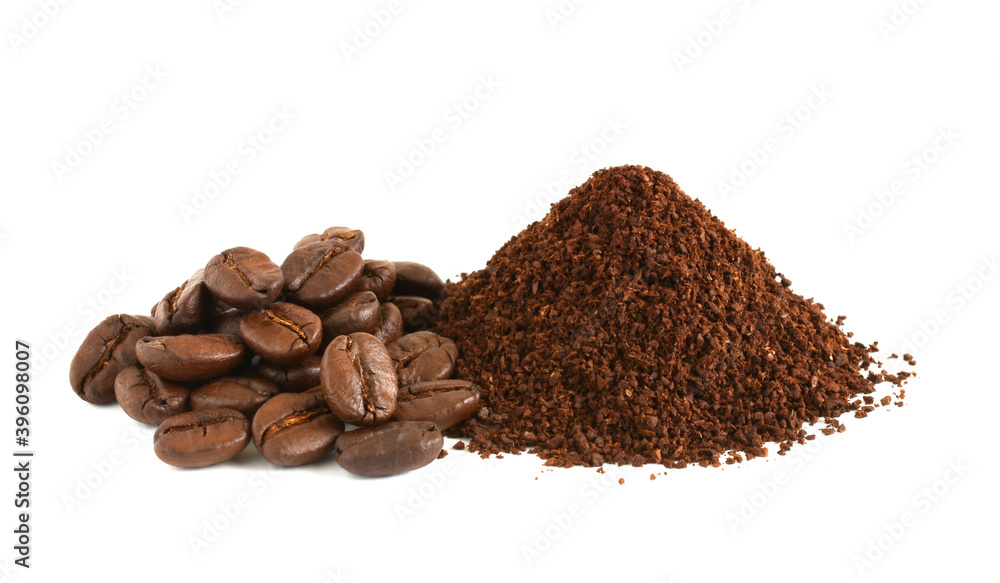 Coffee powder (ground coffee beans) and coffee beans isolated on the white background. Coffee powder (ground coffee beans) and coffee beans isolated on the white background.