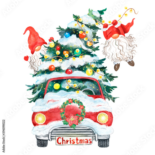 Watercolor Christmas illustration of a gnome with a red car and a Christmas tree with a garland. Merry Christmas and New Years.