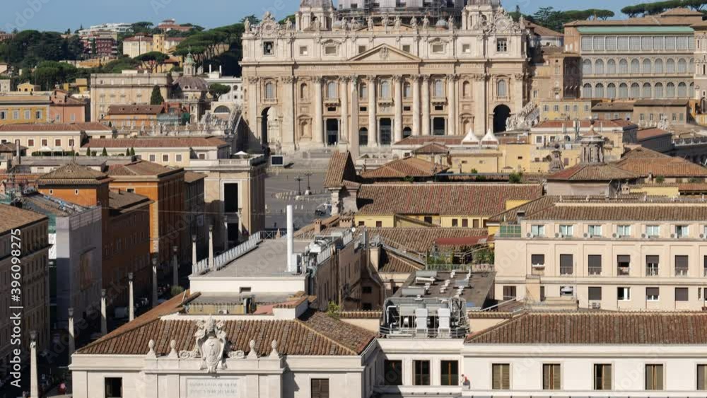 Vatican City and Rome skyline and cityscape in Italy with St. Peter Basilica, tilt up and zoom out shot. Vatican City and Rome skyline and cityscape in Italy with St. Peter Basilica, tilt up and zoom out shot.