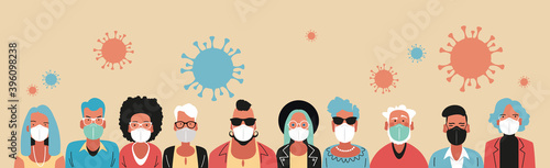 Fighting the pandemic. A group of people in medical masks. Protection against disease, air pollution, flu. Vector illustration in flat style