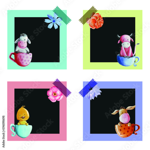 Several Frames With Black Background And Cute Little Animals As Decorations From Watercolor Artwork.